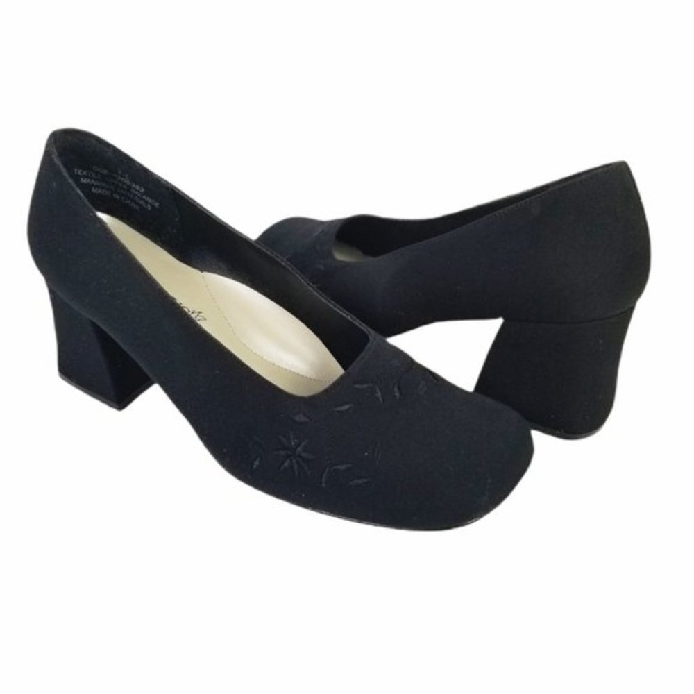 Fashion Bug Fabric Textile Upper Black Square Toe Chunky Heels Women's 7.5